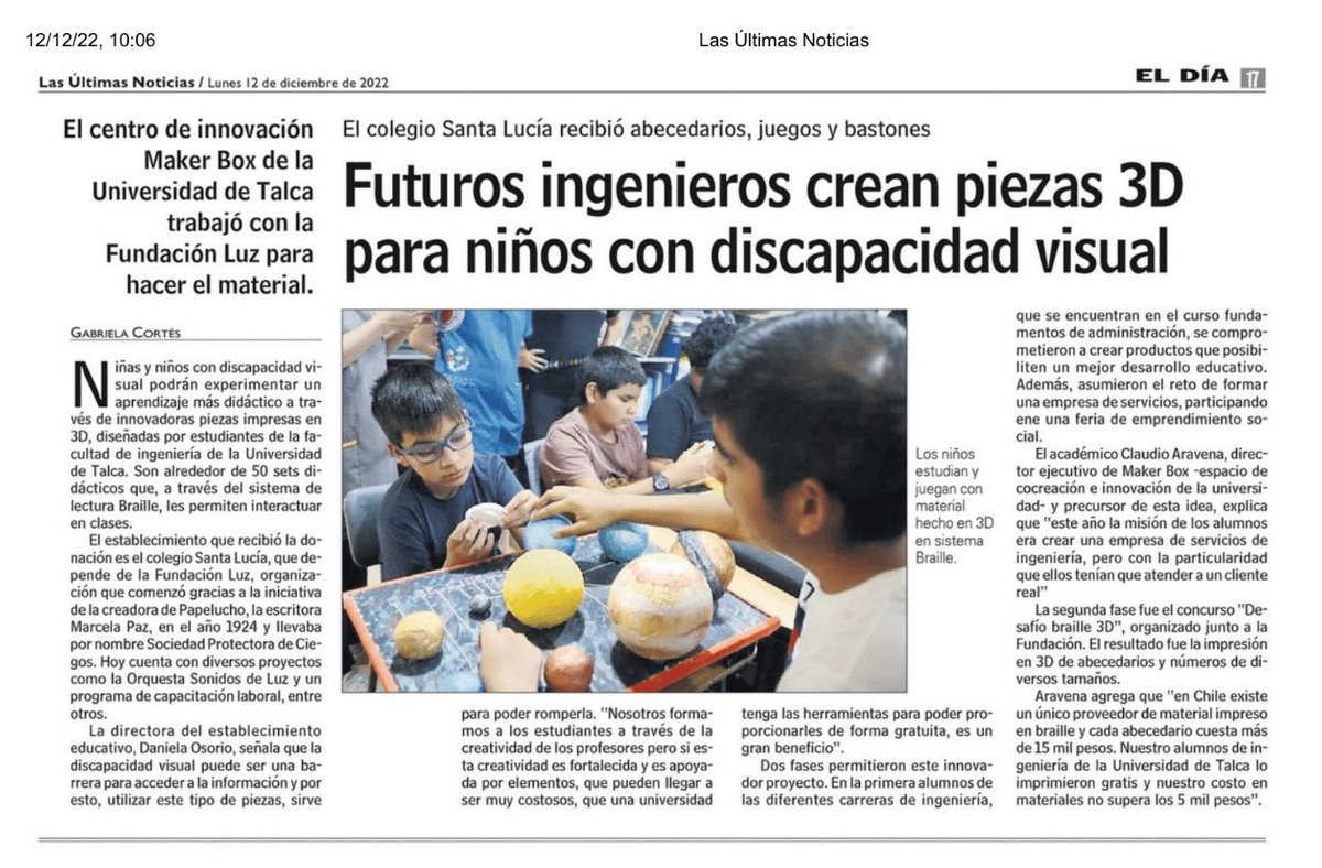 #EnLaPrensa 🗞🗞
Destacamos a l@s estudiantes de pregrado de la Facultad de <a href="/ingUtalca/">Ingeniería UTalca</a>, quienes diseñaron y crearon los 50 sets didácticos que se entregaron al Colegio Santa Lucía, en Santiago 👏👏👏
🔶 Conoce los detalles vía #LUN 👇👇
        lnkd.in/eNT2aHvY