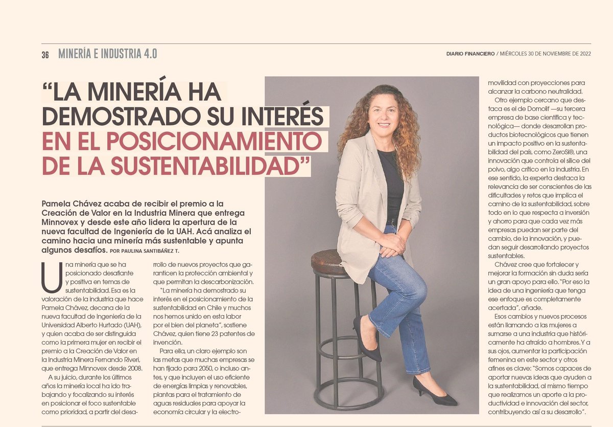 "La minería ha demostrado su interés en el posicionamiento de la sustentabilidad", dice nuestra decana 
<a href="/ChavezCrooker/">Pamela Chavez Crooke</a>
 en 
<a href="/DFinanciero/">Diario Financiero</a>
, donde analiza los desafíos de la industria por un camino más sostenible.