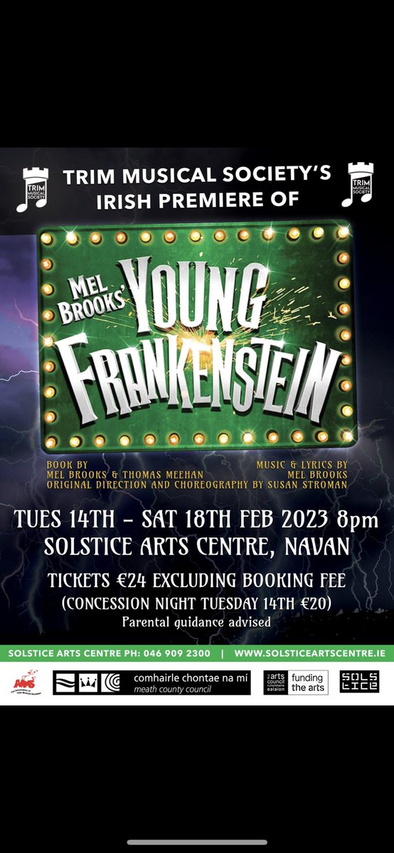 ⚡️It’s alive!⚡️

Tickets are on sale now! Book now on:
solsticeartscentre.ie

🎟Tuesday 14th - Saturday 18th February 🎟

✨Concession night Tuesday 14th: €20
✨All other nights €24 excluding booking fee!