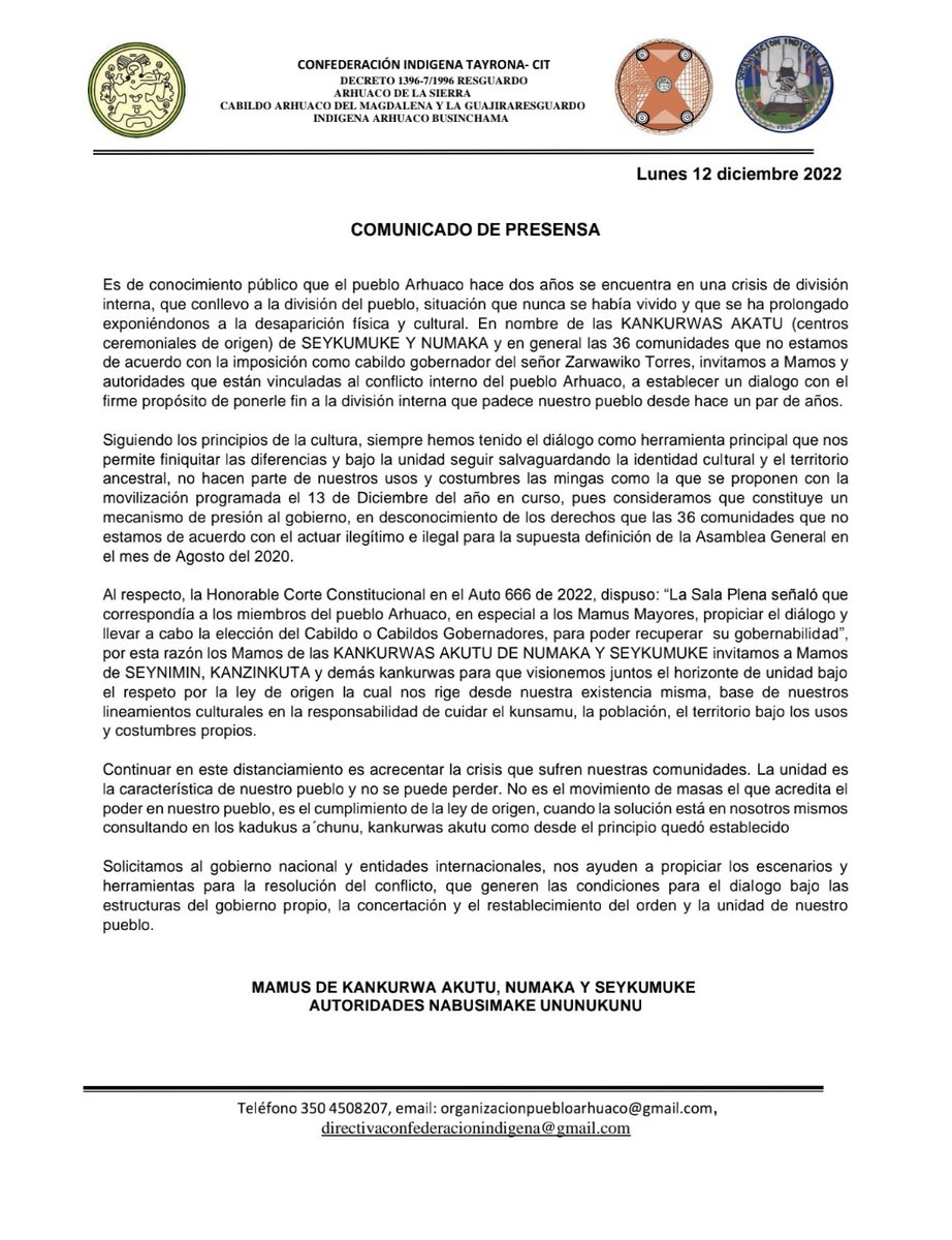 <a href="/MinInterior/">MinInterior Colombia</a> <a href="/CConstitucional/">Corte Constitucional</a> <a href="/petrogustavo/">Gustavo Petro</a> <a href="/FranciaMarquezM/">Francia Márquez Mina</a> 
<a href="/DefensoriaCol/">Defensoría del Pueblo</a> @luzamandapas
<a href="/PGN_COL/">Procuraduría General de la Nación</a> <a href="/alfonsoprada/">Alfonso Prada</a>
<a href="/MinInterior/">MinInterior Colombia</a> <a href="/ONIC_Colombia/">Organización Nacional Indígena de Colombia - ONIC</a> <a href="/MPCindigena/">Mesa Permanente de Concertación Indígena - MPC</a> <a href="/MisionONUCol/">Misión de la ONU en Colombia</a> <a href="/concipmpc/">Comisión Nal. Comunicación Pueblos Indígenas</a> <a href="/CNTI_Indigena/">Comisión Nacional de Territorios Indígenas</a>