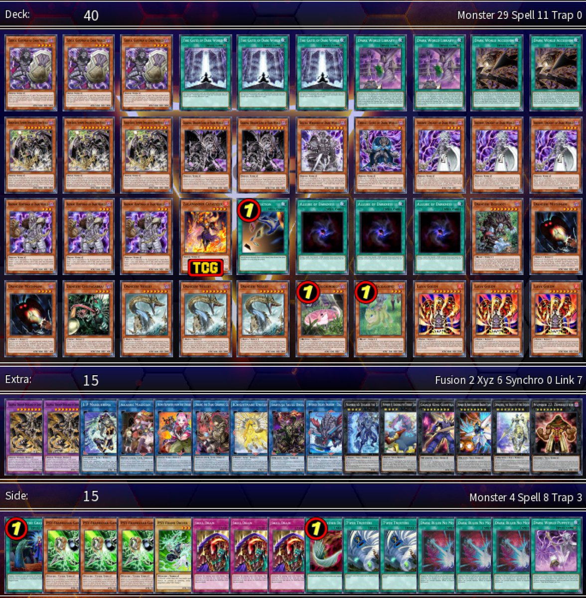 Vortex1756's tweet image. Current Dark World list. Deck's a lot of fun and can do a lot but obviously hard loses to shifter, multiple bystials, ishizu shufflers, droll, ...