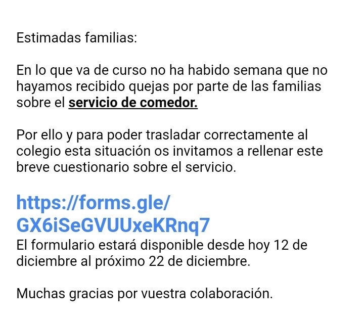 Lanzamos breve cuestionario de comedor, son solo 4 preguntas.

Puedes rellenarlo hasta el día 22 en este link
⬇️⬇️⬇️⬇️
forms.gle/GX6iSeGVUUxeKR…