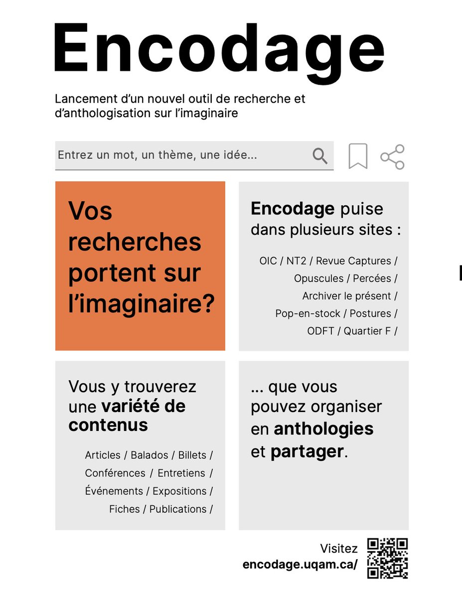 Nous sommes heureux de vous annoncer le lancement de la plateforme de recherche ENCODAGE!

encodage.uqam.ca

Articles scientifiques, textes de recherche-création, fiches d’œuvres, enregistrements audio/vidéo de conférences et de lectures, épisodes de balado!
