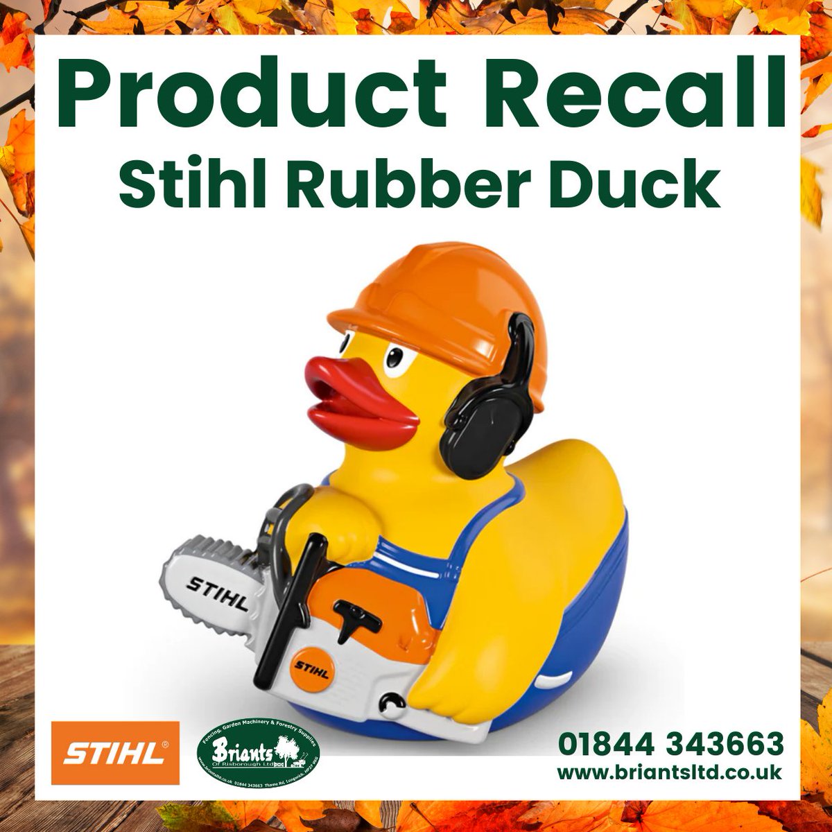 PRODUCT RECALL

Stihl Rubber Duck Bath Toy - SKU 04216000026 

STIHL has learned that a small plastic part may come loose on their bath duck toy (pictured). This small part can be swallowed by small children, posing a choking hazard.

briantsltd.co.uk/product/stihl-…

#STIHL