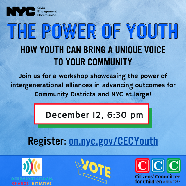 NYC: Join us this evening at 6:30pm to learn how the youth perspective can benefit YOUR community district! <a href="/ici_nyc/">Intergenerational Change Initiative</a> <a href="/CCCNewYork/">CCCNewYork</a>