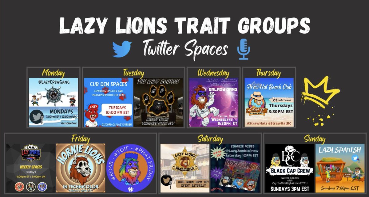 YouLikaDaJuice's tweet photo. 🦁Lazy Lions Twitter Spaces🦁

#ROAR #LazyLions #LazyCubs #LazyLionsNFT

@TheLazyHats @LazyLionsNFT @LazyCrewGang @LazyCubDen @GalaxyLionsNFT @HornieLions @lazysportsclub @LazyMarshals @LazyZombieCrew @blackcapcrew @lazyspanishcrew @PartyHatClub @StrawHatBC https://t.co/2X5q0GflxJ