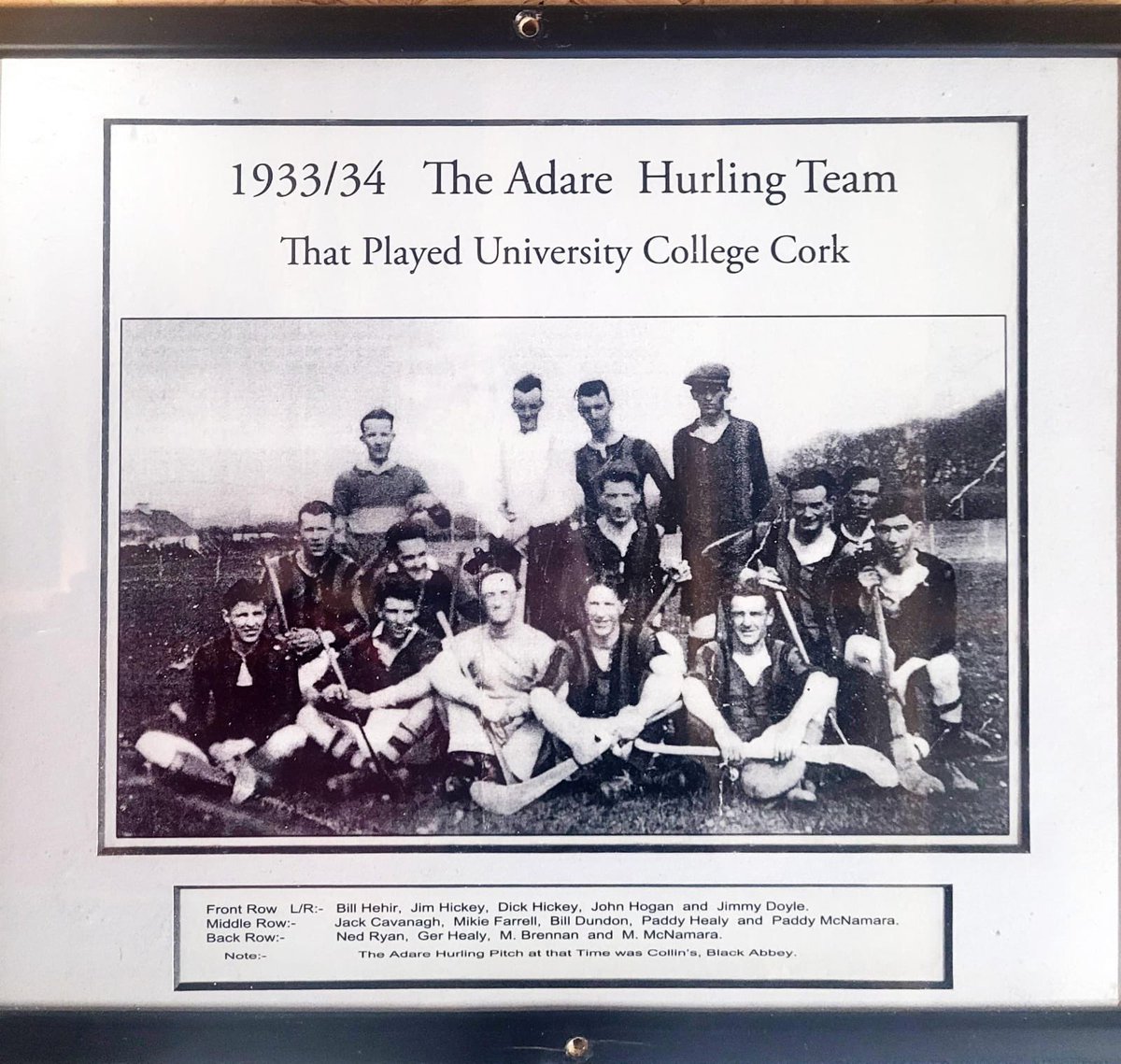 A historic photo of the Adare hurling team that played UCC in 1933/1934. Thanks to the great Willie Griffin for this piece of history <a href="/AdareGAA/">Adare GAA</a> <a href="/Griffin13Willie/">Willie Griffin</a> <a href="/HigherEdGAA/">GAA Higher Education</a>