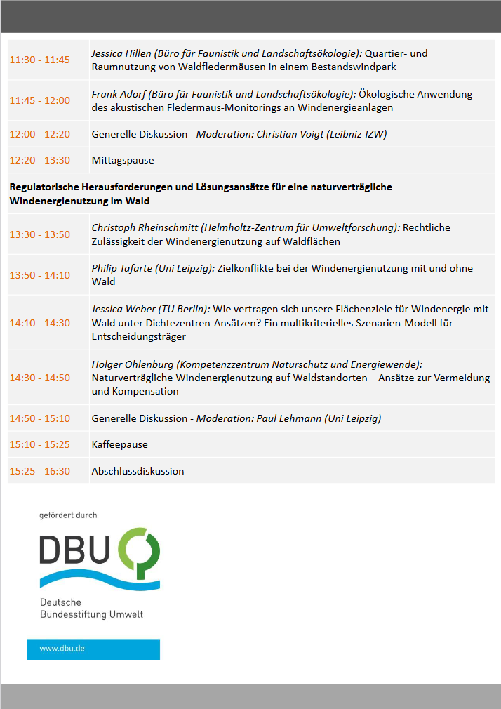 Im Rahmen eines <a href="/umweltstiftung/">DBU</a>-Projekts organisieren wir am 21. Februar 2023 einen spannenden Online-Workshop zum Thema "Biodiversität als Basis für eine nachhaltige Windenergieproduktion im Wald". Hier geht's zur Anmeldung: leibniz-izw-akademie.de/seminare/winde…