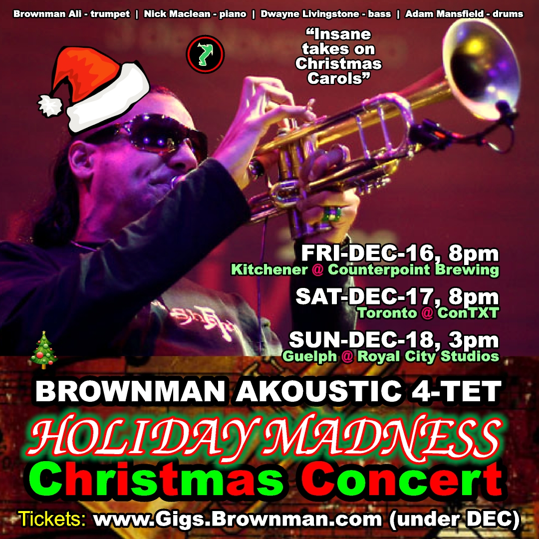 Brownman's HOLIDAY MADNESS (Xmas shows)
"Insane takes on Christmas Carols"
Classic Xmas fare re-imagined.
----
Fri-Dec-16, 8pm - KITCHENER <a href="/CounterpointKit/">Counterpoint Brewing Company</a> 
Sat-Dec-17, 8pm - TORONTO @ ConTXT
Sun-Dec-18, 3pm - GUELPH @ <a href="/rcsguelph/">Royal City Studios</a> 
----
TIX: Gigs.Brownman.com (under DEC)