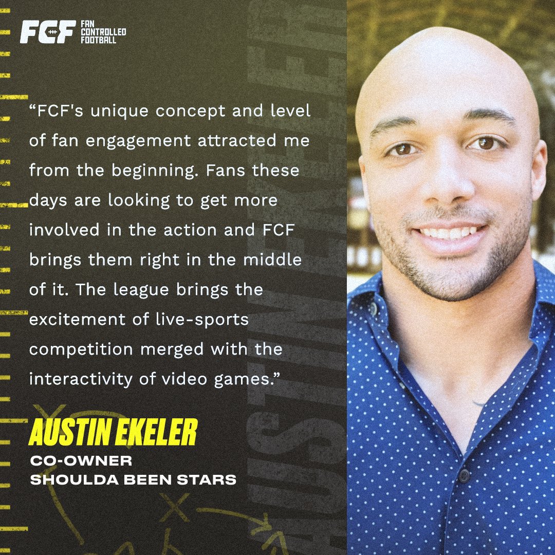 Fan Controlled Sports (@fancontrolled) on Twitter photo “Fans these days are looking to get more involved in the action and FCF brings them right in the middle of it. The league brings the excitement of live-sports competition merged with the interactivity of video games.” - <a href="/AustinEkeler/">Austin Ekeler</a> Co-Owner, Shoulda Been Stars “Fans these days are looking to get more involved in the action and FCF brings them right in the middle of it. The league brings the excitement of live-sports competition merged with the interactivity of video games.” - <a href="/AustinEkeler/">Austin Ekeler</a> Co-Owner, Shoulda Been Stars