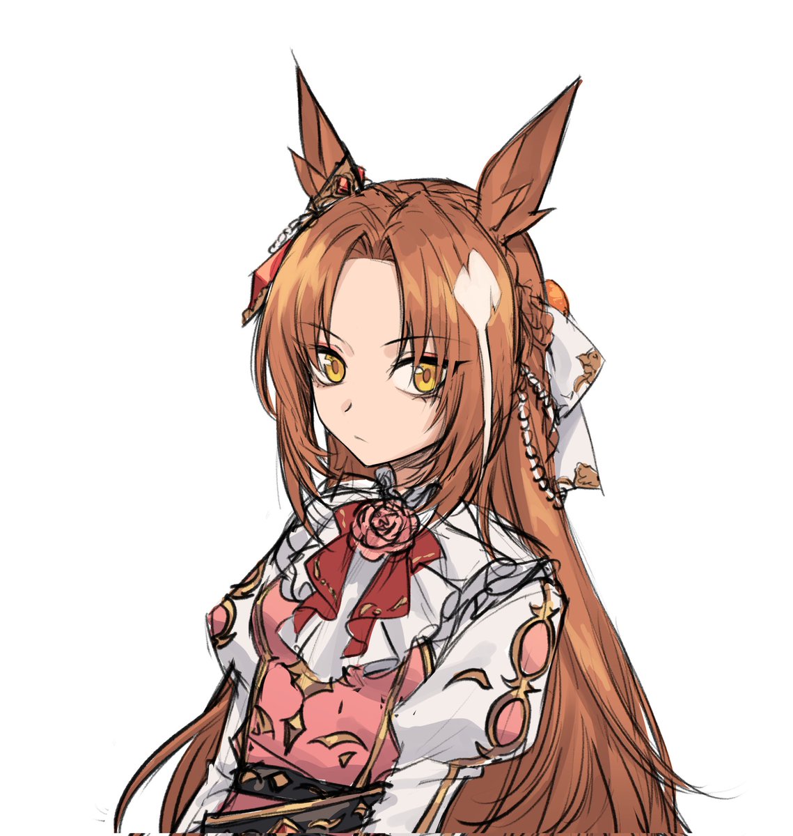 1girl solo animal ears horse ears long hair brown hair white background  illustration images