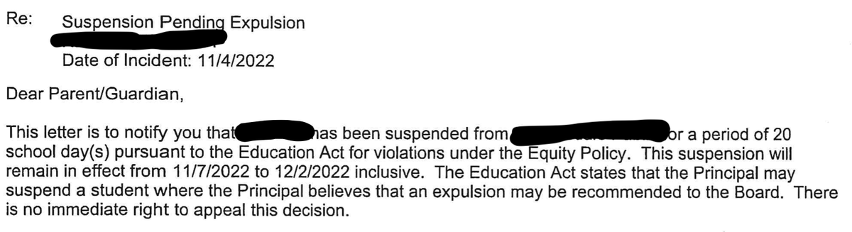 It's been a rough 6 weeks dealing with a suspension -- then erasure of the suspension -- of my son by his school/@HWDSB. Sharing part of our story, with my son's permission. A 🧵on the use of suspensions, particular for Black/racialized kids. 1/13