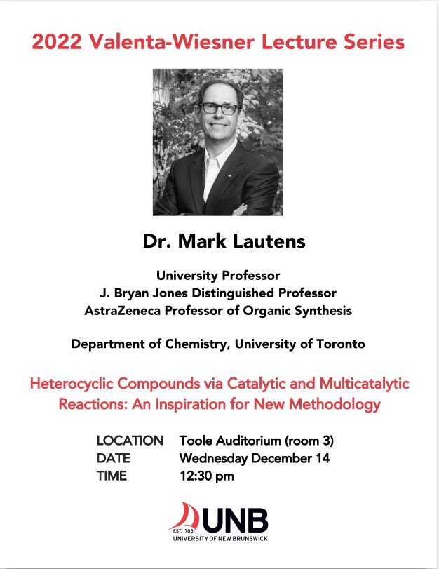 We are excited and honoured to host @MarkLautens from @chemuoft as our inaugural Valenta-Wiesner lecturer on Wed Dec 14 at 12h30 in Toole Auditorium. Everyone’s cordially invited!