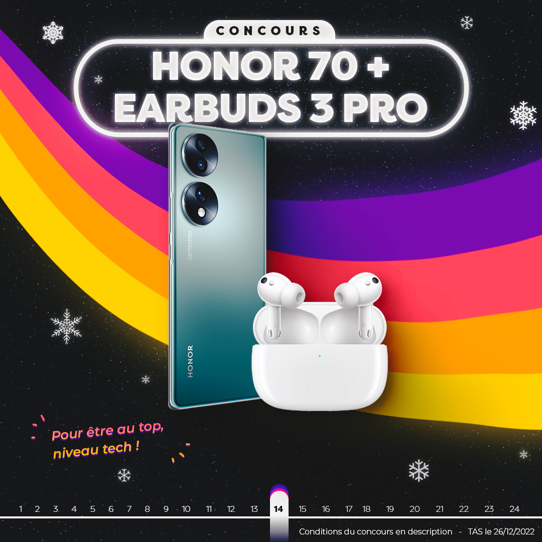 #CONCOURS JOUR 14 🎄 
Gagnez un Honor 70 et des Earbuds 3 Pro✨

Pour participer :
1️⃣ Tweet #FrandroidOffreMoi + Honor 70 et Earbuds 3 Pro
2️⃣ RT + Like 
3️⃣ Follow <a href="/Frandroid/">Frandroid</a> + <a href="/Honor_FR/">HONOR France</a>