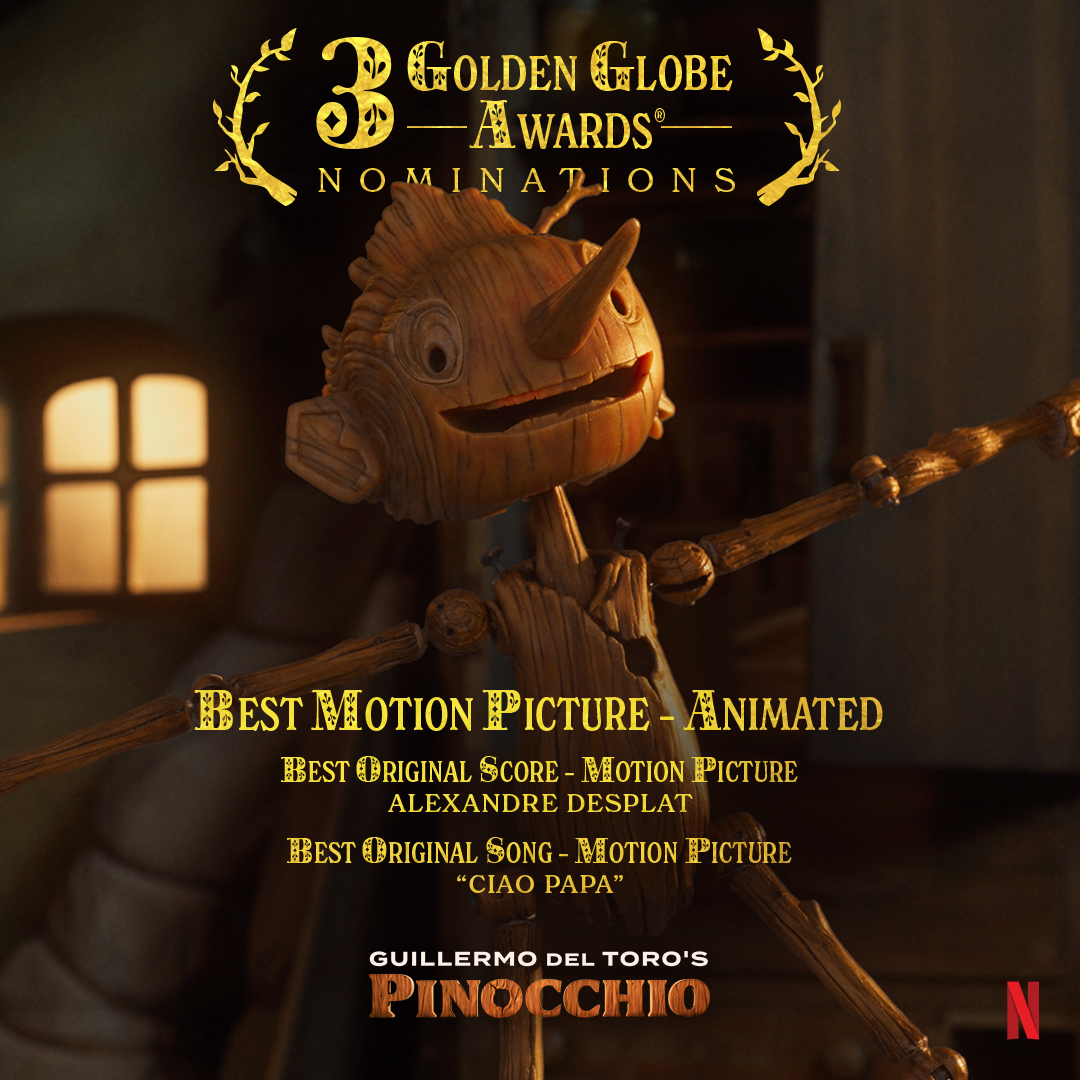 pinocchiomovie's tweet photo. What a way to start the morning! Congratulations to @realGDT &amp; Alexandre Desplat on their nominations for #PinocchioMovie at the #GoldenGlobe Awards including Best Motion Picture - Animated, Best Original Score and Best Original Song ✨ https://t.co/1oI8qqdNcD