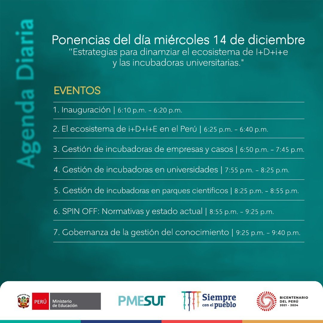 El #PMESUT transmitirá vía #FacebookLive el miércoles 14, a las 6:00 p.m., la inauguración del seminario virtual "Gestión de incubadoras de empresas y spin off con base en la I+D+i+e".
Más información 👇🏽