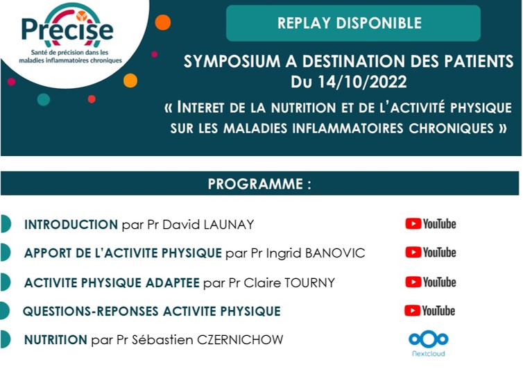FhuPrecise's tweet image. FHU PRECISE : Retrouvez les supports des interventions 
 du symposium à destination des patients du 14-10-2022 : 
- sur notre chaine Youtube (parties introduction et activité physique) : youtube.com/playlist?list=… 
- sur le lien Nextcloud (partie nutrition) : nextcloud.univ-lille.fr/index.php/s/Gf…