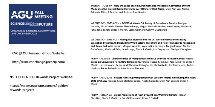 ellie_gbr's tweet photo. I am not attending #AGU22 but check out the awesome array of work we are part of this week. From observations to modeling to faculty DEI work. #CPEX @Urgeoscience https://t.co/ORbej3YtUe