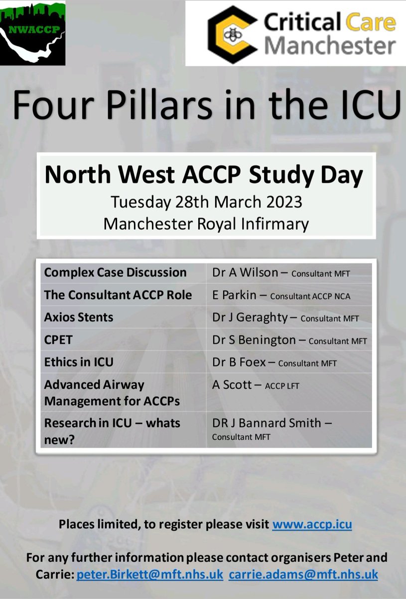 carrie adams (@carrie_adams_) on Twitter photo Calling ACCPs in the North West π’
ποΈFour Pillars in the ICU Study DayποΈ
π¨π¨ Registration is open π¨π¨
Please see the attached flyer for details, we look forward to seeing you there π #ACCP <a href="/PBirkett/">Peter Birkett</a> <a href="/CSScritcare/">Critical Care</a> <a href="/MFT_CSS/">MFT_CSS</a> <a href="/NWACCP/">NW_ACCP</a> <a href="/AdvPracticeSU/">Adv Practitioners</a> @NHS_HealthEdEng Calling ACCPs in the North West π’
ποΈFour Pillars in the ICU Study DayποΈ
π¨π¨ Registration is open π¨π¨
Please see the attached flyer for details, we look forward to seeing you there π #ACCP <a href="/PBirkett/">Peter Birkett</a> <a href="/CSScritcare/">Critical Care</a> <a href="/MFT_CSS/">MFT_CSS</a> <a href="/NWACCP/">NW_ACCP</a> <a href="/AdvPracticeSU/">Adv Practitioners</a> @NHS_HealthEdEng