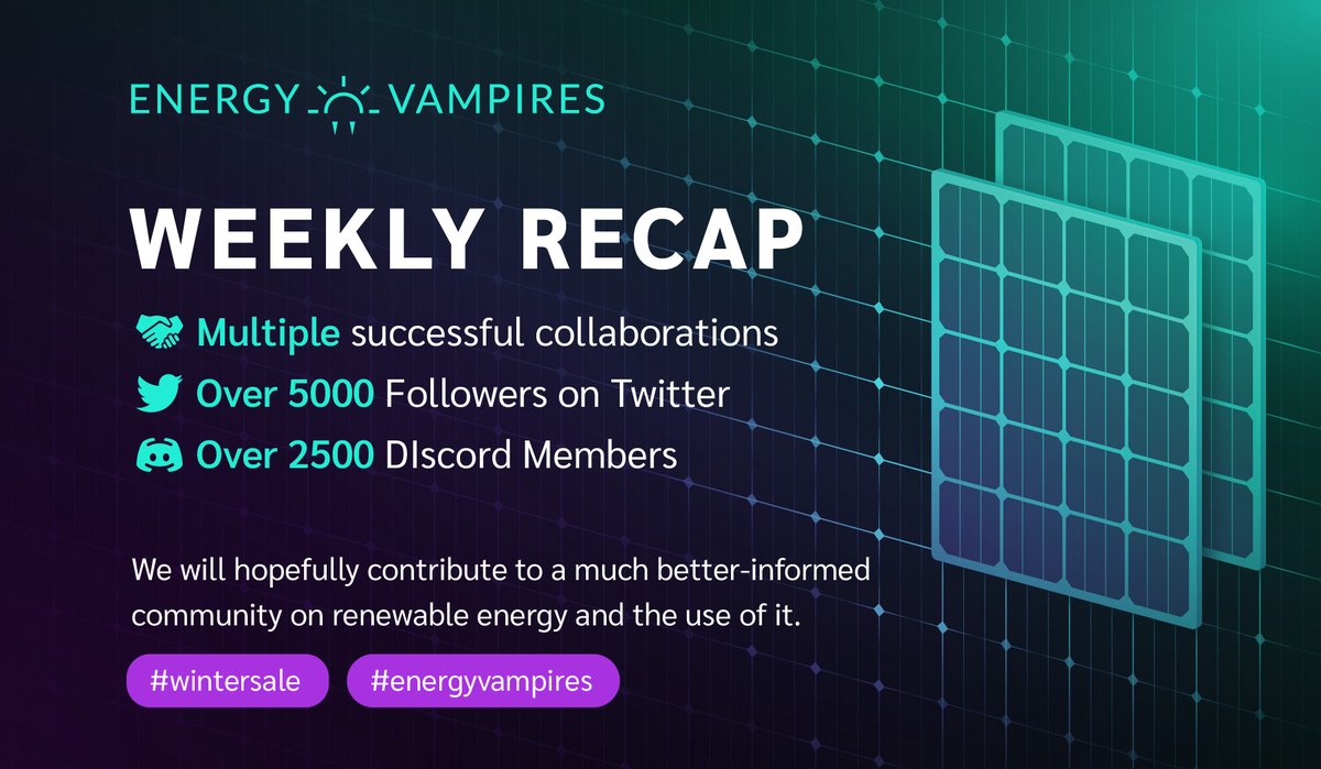 Weekly Recap💡

 🤝Multiple successful collaborations.
 🌍Over 5000 Followers on Twitter.
 ⚡️Over 2500 Discord Members.

We will hopefully contribute to a much better-informed community on renewable energy and the use of it.🔋

#Sale #NFT #NFTCommunity #future $EGLD #MultiversX