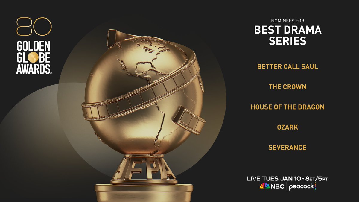 Congratulations to the nominees for Best Drama Series

✨ Better Call Saul 
✨ The Crown
✨ House of the Dragon
✨ Ozark
✨ Severance

#GoldenGlobes