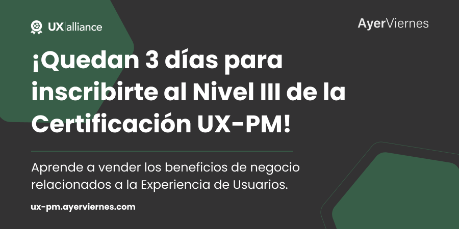 ayerviernes's tweet image. ¡Últimas fechas del año del Nivel III de la Certificación UX-PM!
📆15, 16 y 19 de diciembre 

Aún estás a tiempo de inscribirte. Ingresa a bit.ly/3TRp8bO 👈
¿Tienes dudas? Contáctanos o déjanos un mensaje para resolver tus inquietudes.

#UXPM #UXAlliance #CertificaciónUX