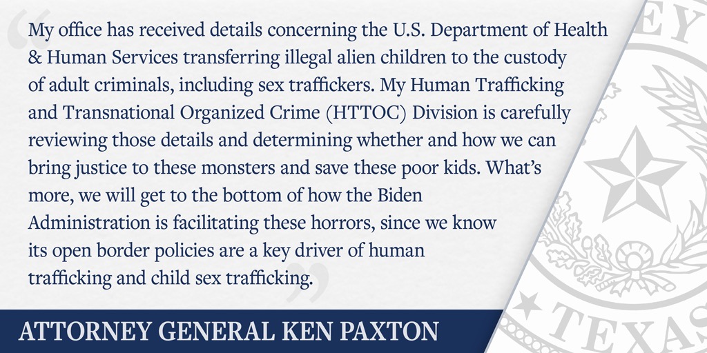 Statement from Attorney General Paxton regarding human trafficking in Texas: