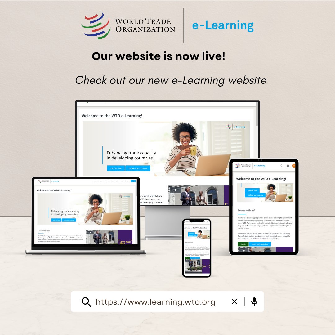 wto's tweet photo. The #WTOElearning website is now live! It offers intuitive navigation, an improved course catalogue, and new services that will keep learners apprised of WTO training news and events. Join us here: https://t.co/9oV8b1obe0 https://t.co/HBWS9NjL01