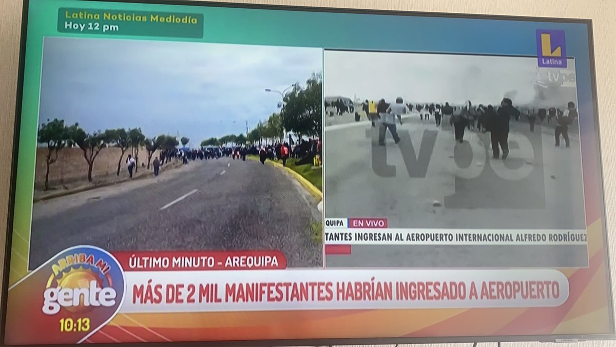Manifestantes en Arequipa toman el aeropuerto. Esta es la respuesta al mensaje de la Sra. Boluarte, que quiere convivir con la dictadura parlamentaria hasta el 2024. ¿Qué esperan para oír al pueblo? Cierre del Congreso, asamblea constituyente y libertad al Presidente Castillo.