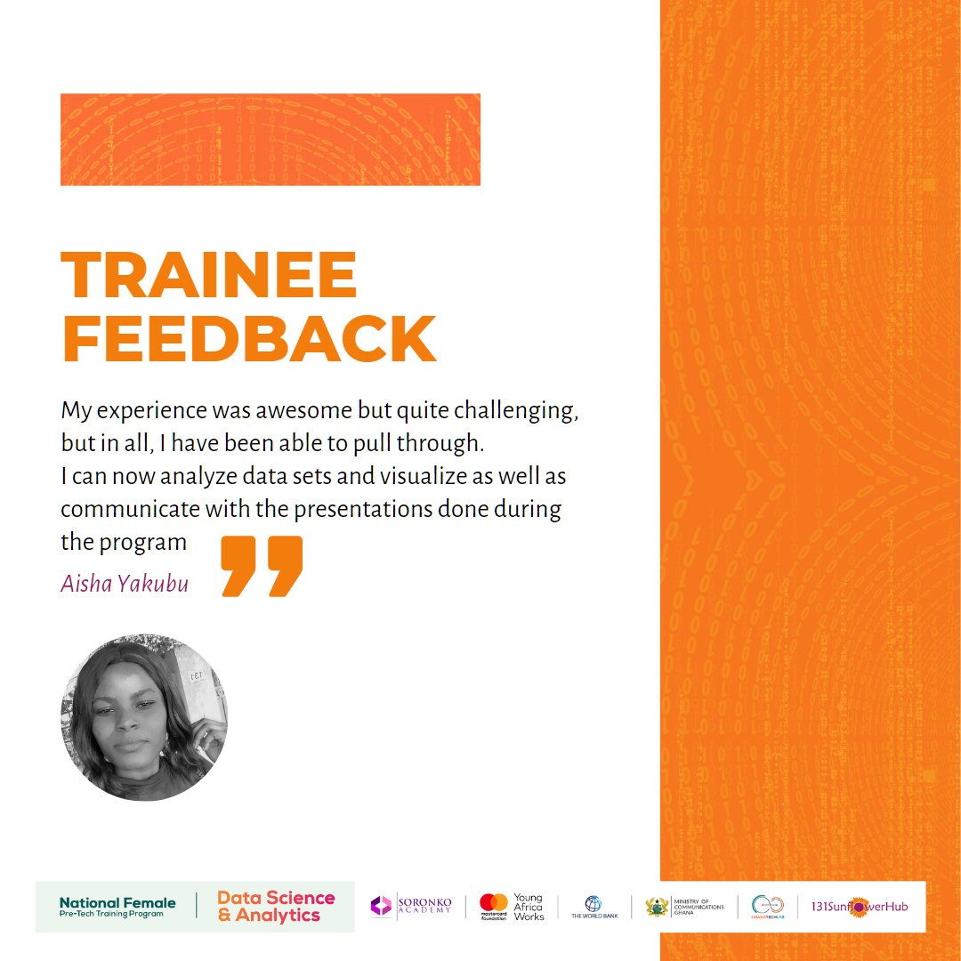 131SFH's tweet image. Aisha Yakubu is a trainee of the just-ended National Female Pre-tech Data Science and Analytics Program. After three weeks of intense teaching and learning, Aisha shares her #experience.

#pretechtraining 
#DataScience 
#DataAnalytics 
#datascienceandanalytics