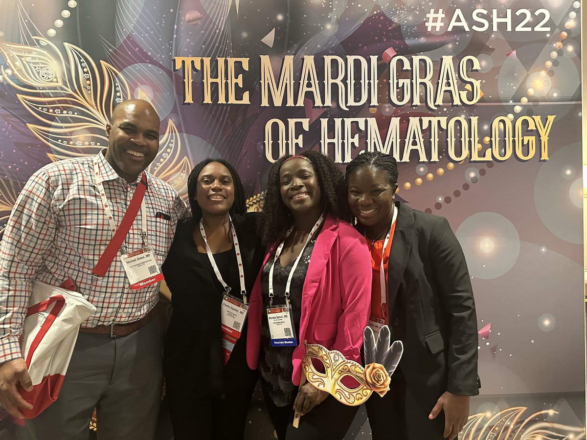 This is a very special picture! Former (Mike Green and Charity Oyedeji), current (Michele Sainvil (we missed you Diamone!!)) and future (Allison Taylor) Black Duke Hematology-Oncology fellows. The lineage of black hematologist is growing. #blackhematologists @DukeFellows #ASH2022