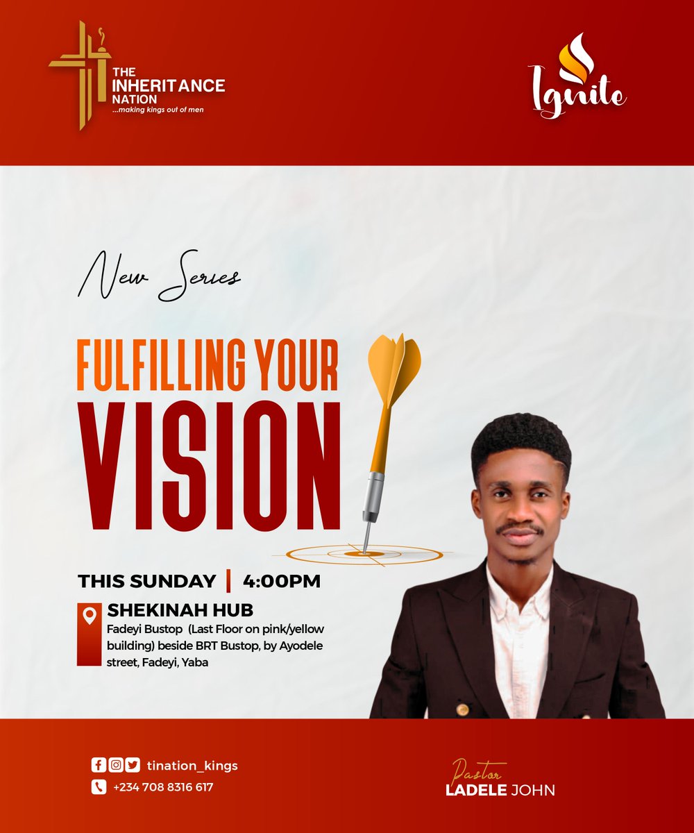 tination_kings's tweet photo. A new series has begun...
FULFILLING YOUR VISION
Let's go on this journey of achieving what God has in store for you...
Keep watching this space
#ignite #visionoflife #fulfillingyourvision #achievinggoals #winningways #church #jesus #bible #christian #love #faith #worship https://t.co/PA0SN8wZac