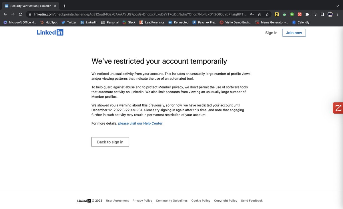 🥲 <a href="/LinkedInHelp/">LinkedIn Help</a> I've been getting signed in &amp; out all morning on my feed. Came back to this. Should I expect the issue to be resolved after I'm unrestricted or could I potentially lose access to my LinkedIn account permanently. I truly hope it's the former.