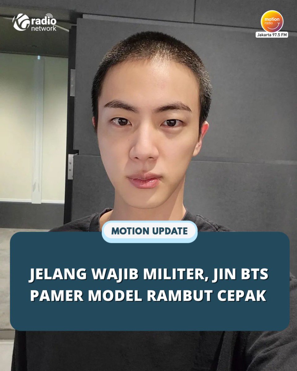MOTION975FM's tweet image. Kim Seok-Jin, anggota tertua grup BTS pamer rambut cepak barunya menjelang wajib militer😍

Jin BTS jadi anggota pertama yang akan menjalani wajib militer mulai Rabu, 13 Desember 2022.

Model rambut baru Jin cocok nggak nih menurut Temen Motion?🤔

#kimseokjin #BTS #MotionUpdate