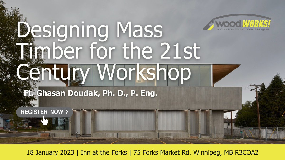 New event coming January 18th 2023! Join us in Winnipeg for Designing Mass Timber for the 21st Century. Early bird pricing is available now. You don't want to miss this one. Register here: eventbrite.ca/e/designing-ma…

#woodworks #winnipeg #canada #engineers #masstimber