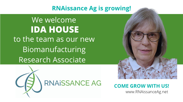 RNAissanceAg's tweet photo. We're growing! We are delighted to welcome our newest team member, Ida House, biomanufactuing research associate! Welcome, Ida! #innovation #agtech https://t.co/EM8zISKQSt