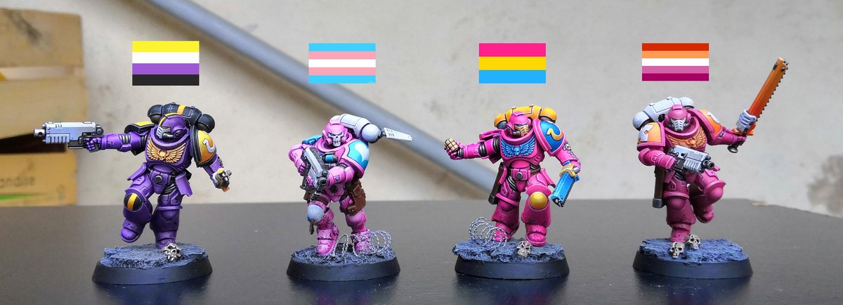 Slightly blurry picture of my current Space Marine #LGBTQ themed Kill Team. From left to right : #nonbinarypride #transpride #pansexualpride #lesbianpride