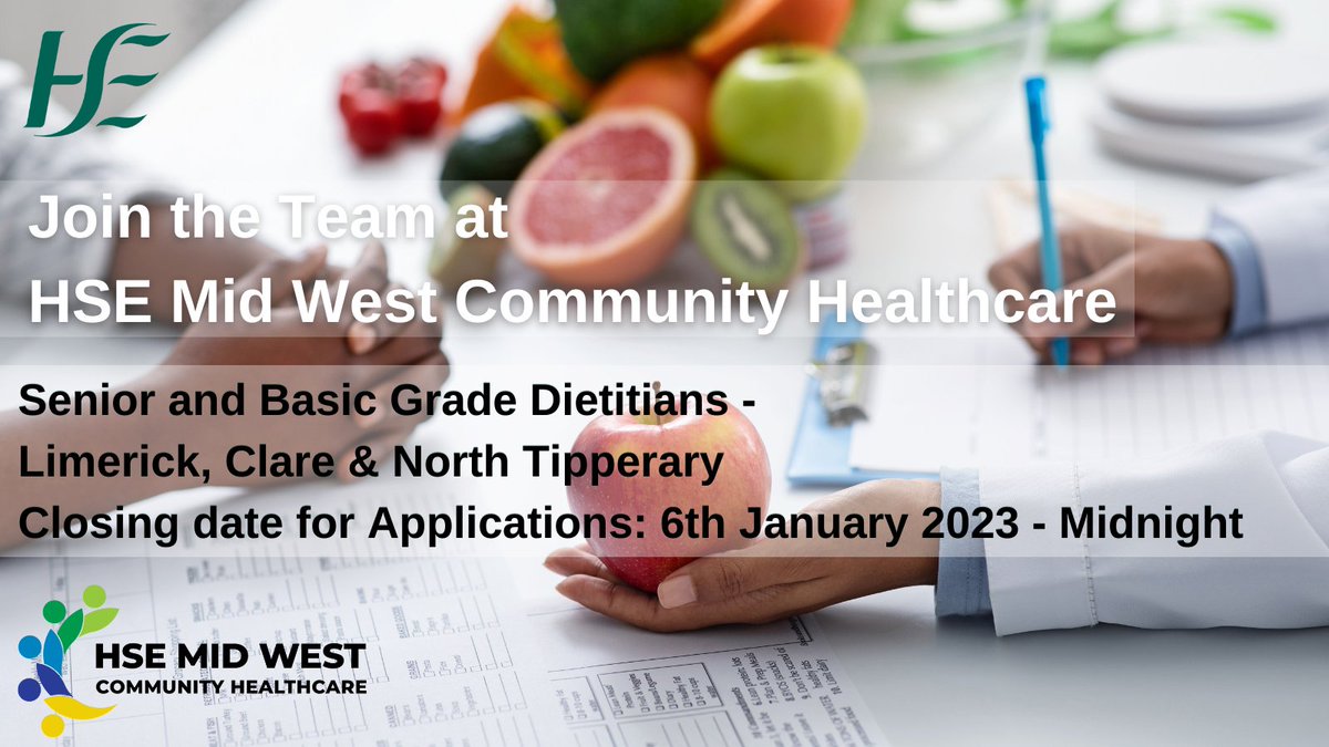 The Clare Champion (@clarechampion) on Twitter photo 📢<a href="/CommHealthMW/">HSE Mid West Community Healthcare</a> is recruiting Community Basic Grade and Senior Dietitians in Limerick, Clare & N. Tipp
To Apply:
-Basic Grade roles contact Rachael.Langan1@hse.ie or 087 4515857
-Senior roles click: bit.ly/3EM6Gv9
Closing Date: 06/01/2022 @ 12 midnight 📢<a href="/CommHealthMW/">HSE Mid West Community Healthcare</a> is recruiting Community Basic Grade and Senior Dietitians in Limerick, Clare & N. Tipp
To Apply:
-Basic Grade roles contact Rachael.Langan1@hse.ie or 087 4515857
-Senior roles click: bit.ly/3EM6Gv9
Closing Date: 06/01/2022 @ 12 midnight