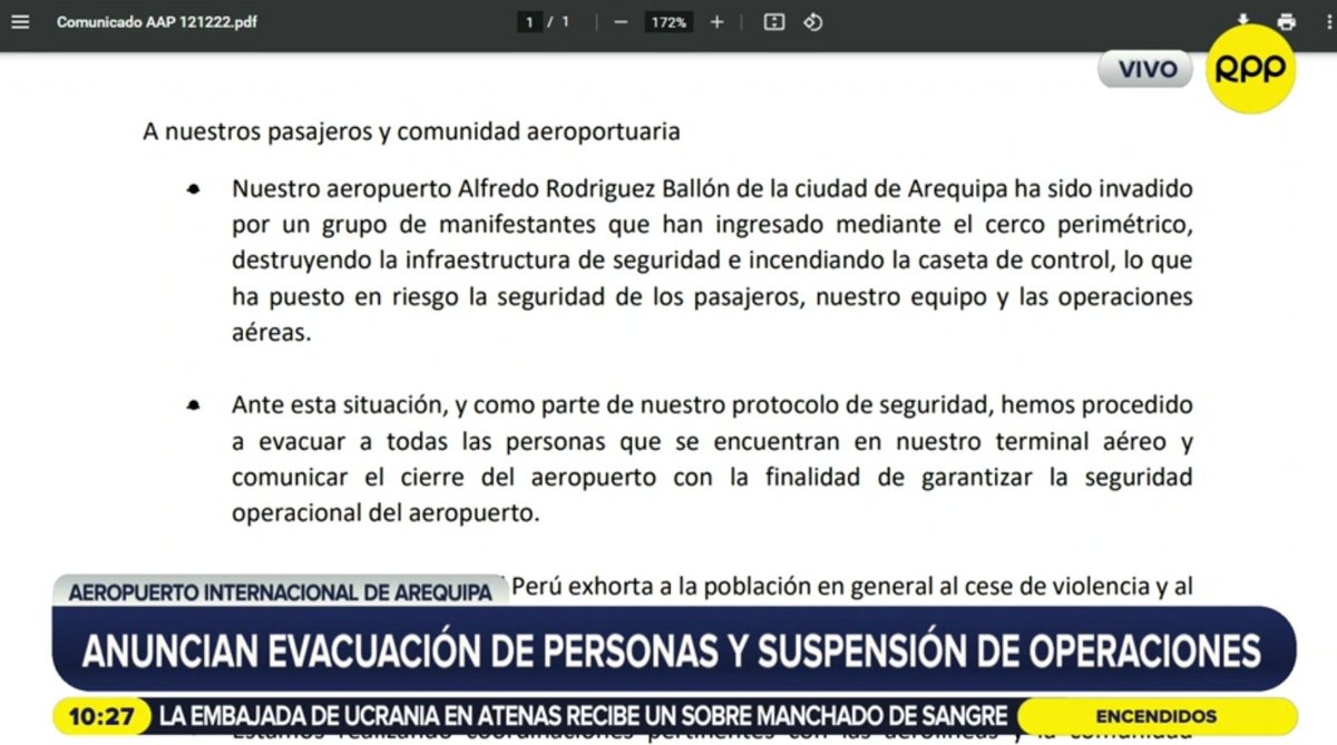 RPP Noticias (@rppnoticias) on Twitter photo 🔴 #AmpliaciónDeNoticias
Arequipa: Anuncian evacuación de personas del aeropuerto y suspensión de operaciones.
📻 ► 89.7 FM / 730 AM
📺 ► Movistar 10 - 710 HD
📲 ► radio.rpp.pe/en-vivo 🔴 #AmpliaciónDeNoticias
Arequipa: Anuncian evacuación de personas del aeropuerto y suspensión de operaciones.
📻 ► 89.7 FM / 730 AM
📺 ► Movistar 10 - 710 HD
📲 ► radio.rpp.pe/en-vivo