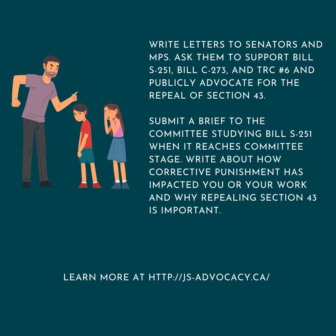 We can improve the lives of children in Canada by responding to Call to Action #6 & repealing Section 43 of the criminal code.

Children deserve freedom from violence in all forms.

This is the goal of Bill S-251 tabled by @StanKutcher. 

#Repeal43 #CallToAction6 #SenCA #cdnpoli