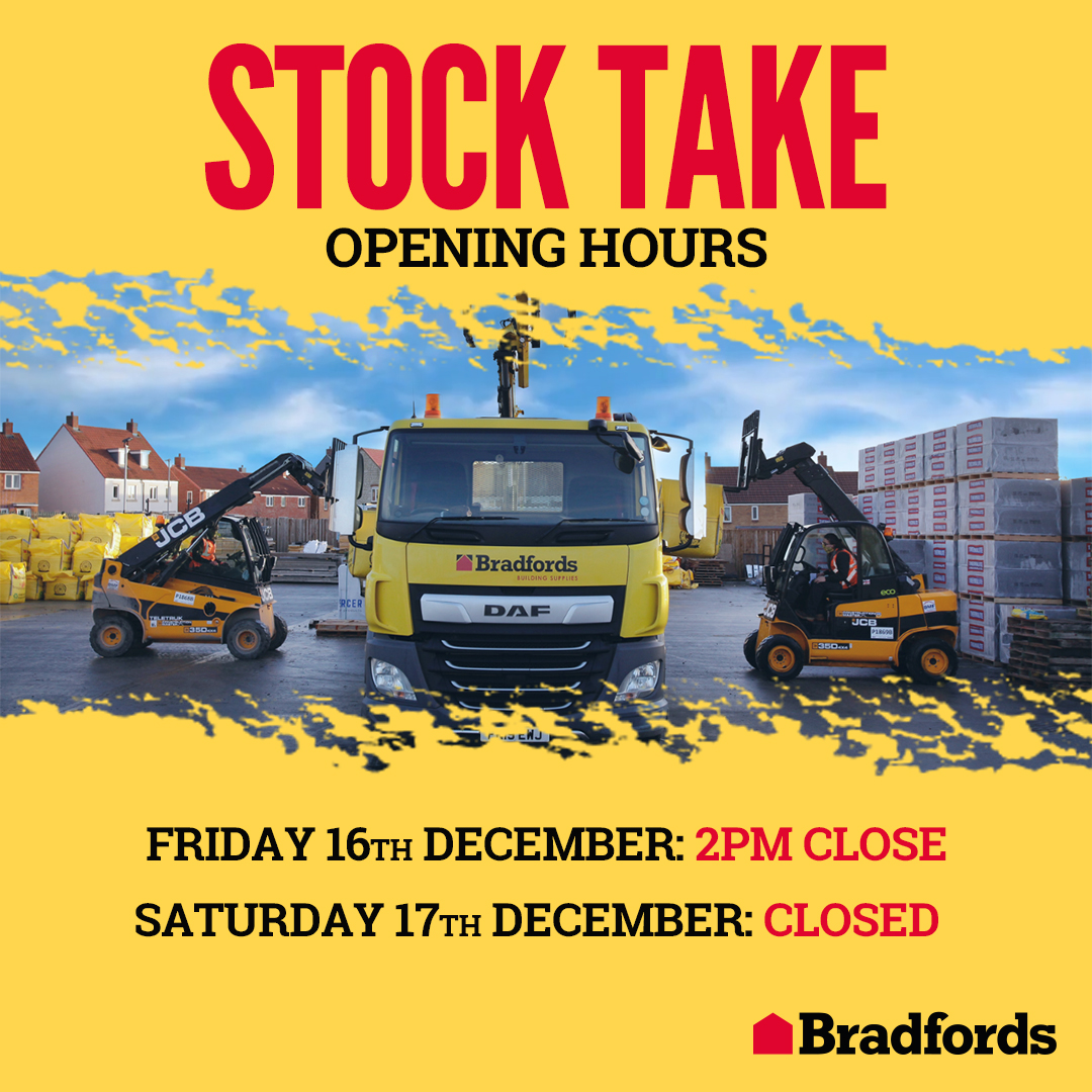 We are closed from 2pm on Friday 16th December and all day Saturday 17th December for stock take.

Apologies for any inconvenience this may cause, however you can still order online, 24 hours a day: bradfords.co.uk

#BradfordsBuildingSupplies