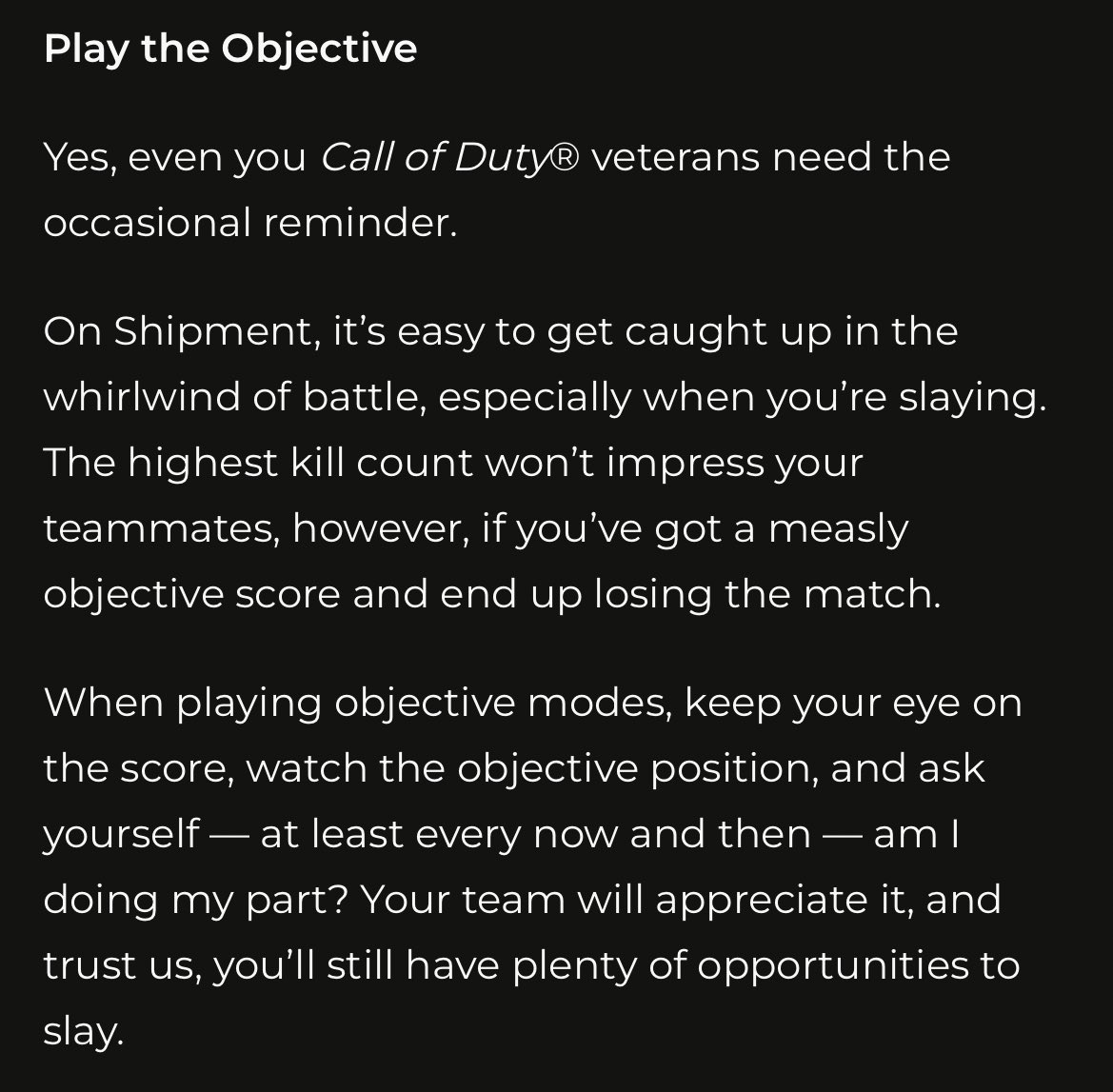 ModernWarzone's tweet image. The Call of Duty blog is encouraging all players to play the objective 😂 

“The highest kill count won’t impress your teammates, however, if you’ve got a measly objective score and end up losing the match.”