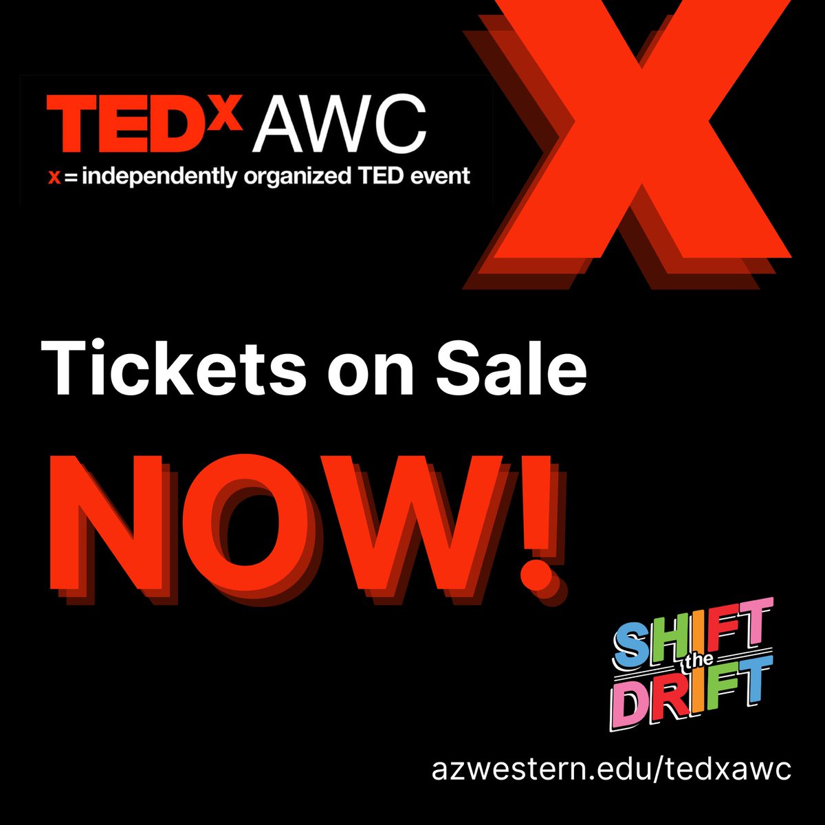 TEDxAWC's tweet photo. Tickets are on sale now! Tickets for Shift the Drift, the inaugural TEDxAWC event are available now via Eventbrite!

Friday, March 17, 4-8PM in the AWC Theater. Admission is $45. Attendance is limited to 100 seats, so be sure to grab your tickets fast! https://t.co/9Ih49dXA5L https://t.co/SkFRitAoSL
