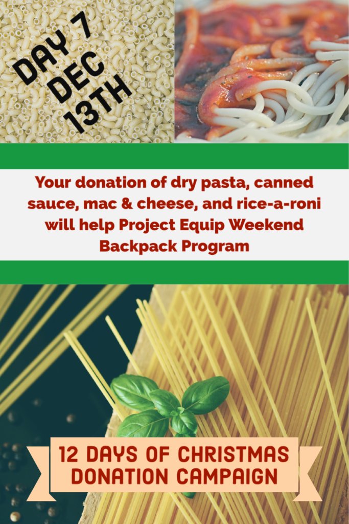 PetersburgHS's tweet photo. Tuesday, Dec 13th is Day 7 of the 12 Days of Christmas. PHS students and staff are collecting food items to benefit the Project Equip Weekend Backpack Program and Petersburg Interfaith Food Pantry. On Day 7 we are collecting spaghetti, mac &amp; cheese, pasta sauces, rice sides. https://t.co/kkAR1vjlmT