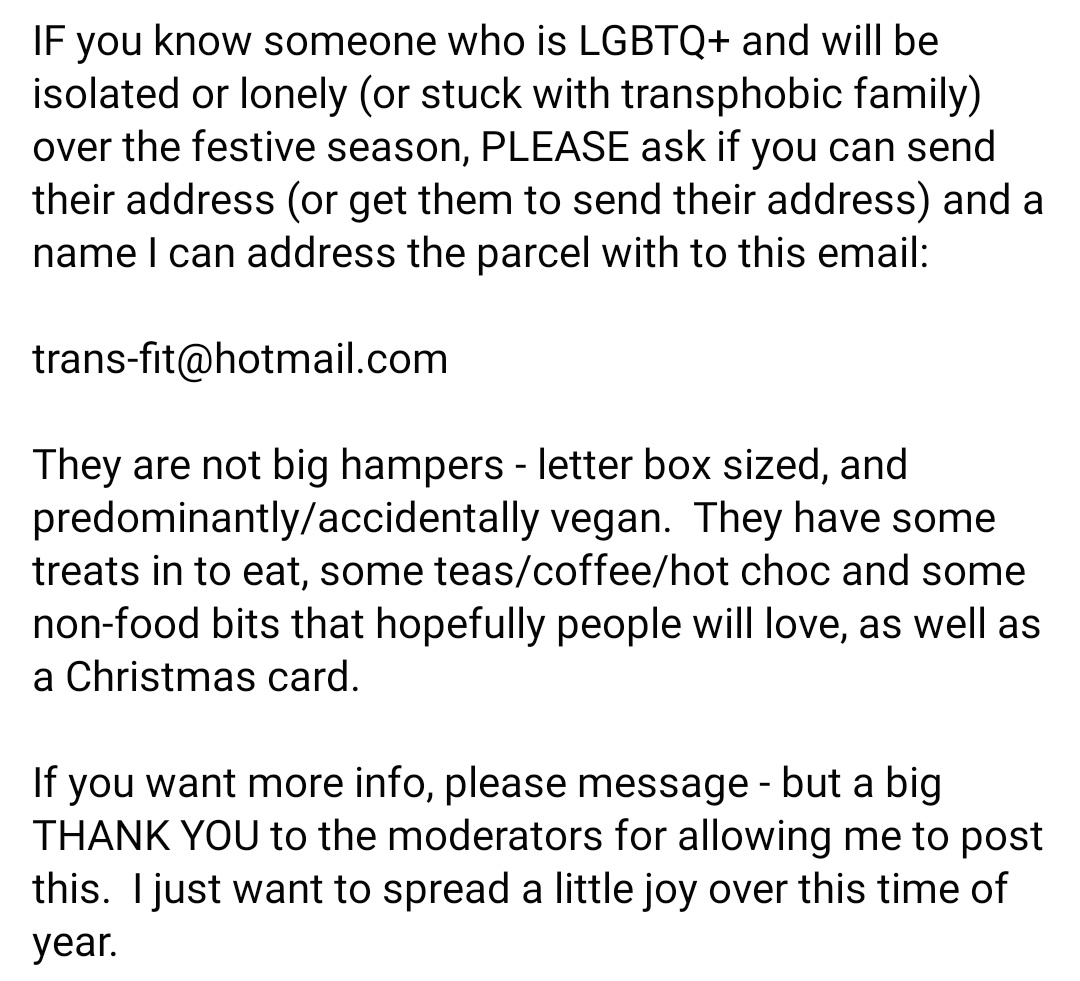 asher_ftm98's tweet photo. If any of my trans/queer pals will (or know anyone that will) be isolated, lonely, or stuck with unsupportive family over the festive period- this lovely human is offering letterbox hampers 💜🏳️‍⚧️ feel free to share! https://t.co/s9wgvkM7Ct
