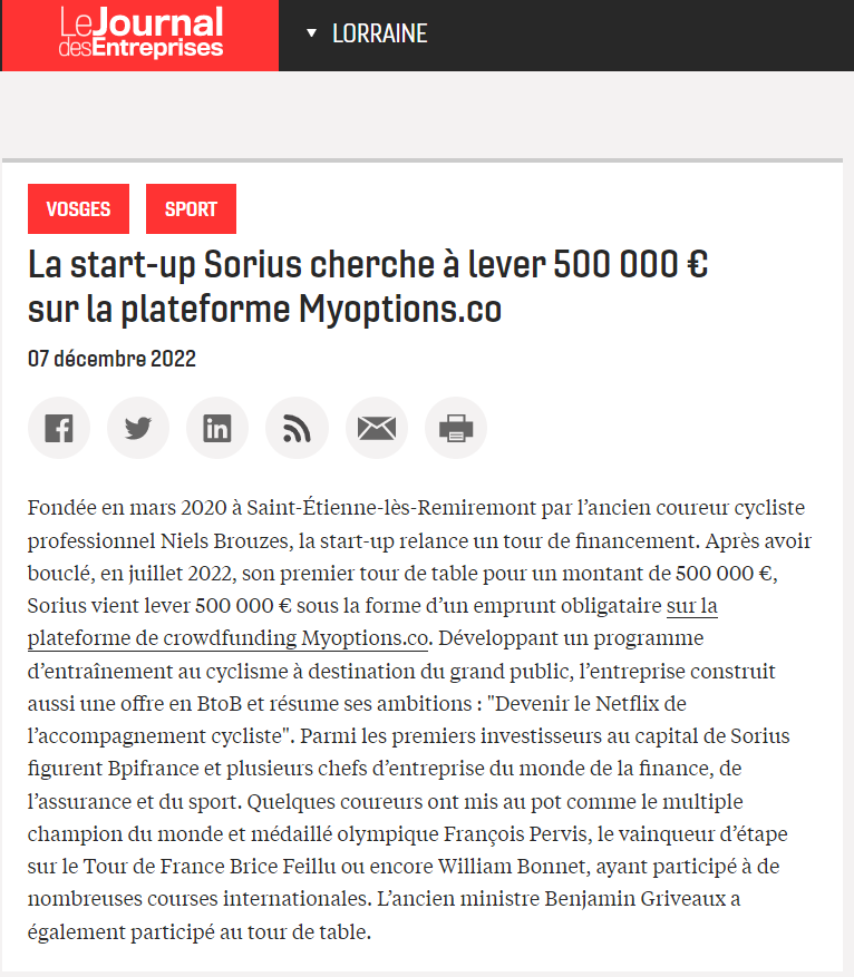 [<a href="/myOptions_co/">myOptions</a> dans l'actu 📰]
Le lancement des campagnes de <a href="/nanabaofficiel/">Nanaba Officiel</a> et de <a href="/SoriusT/">Sorius</a> à l'honneur du Journal des Entreprises (Région #Sud/#Lorraine) 👍
Un grand merci à eux pour cette belle visibilité 👏
<a href="/svandangeon/">stéphane vandangeon</a> <a href="/OliviaOreggia/">Olivia Oreggia</a> #innovation #startup #equity #placement