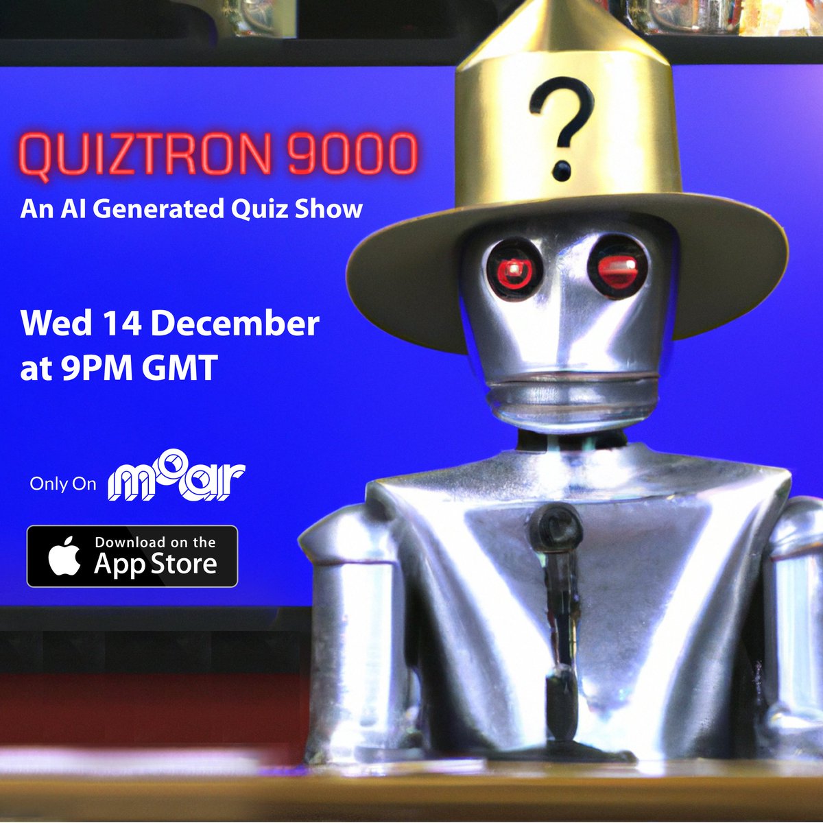 Quiztron9000, a quiz show written by an AI! With its unique and challenging questions, Quiztron9000 is sure to put your knowledge to the test.  #Quiztron9000 #quiz #triviaaddict #triviaguru

Play here: apps.apple.com/gb/app/moar/id…