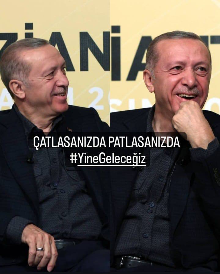 Devleti ve Reisi Cumhurumuzu karalamak için her türlü oyunu sahneye süren küçük beyinliler yendik yine yeneceğiz sizde oküzün trene baktığı gibi bakacaksınız.
Oyumuz Ak partiye oyumuz Dünya Lideri Recep Tayyip Erdoğana.
 ÇATLASANIZDA PATLASANIZDA 
#YineGeleceğiz