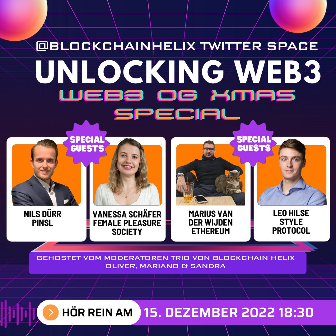 @BlockchainHelix (@blockchainhelix) on Twitter photo 🎄Ihr seid alle herzlich eingeladen zu unserem XMAS WEB3 OG Special mit <a href="/Karribijam/">Vanessa</a> <a href="/FPS_NFT/">Female Pleasure Society</a> <a href="/nils116/">nils116</a> @pinsl_com <a href="/StyleProtocol/">STYLE AI 3D Labs</a> <a href="/vdWijden/">MariusVanDerWijden</a> - hört sehr gern rein um 18:30! Notification 👉🏼x.com/i/spaces/1vOGw… #web3 #web3community #nft #nfts #ethereum #metaverse #web3fashion 🎄Ihr seid alle herzlich eingeladen zu unserem XMAS WEB3 OG Special mit <a href="/Karribijam/">Vanessa</a> <a href="/FPS_NFT/">Female Pleasure Society</a> <a href="/nils116/">nils116</a> @pinsl_com <a href="/StyleProtocol/">STYLE AI 3D Labs</a> <a href="/vdWijden/">MariusVanDerWijden</a> - hört sehr gern rein um 18:30! Notification 👉🏼x.com/i/spaces/1vOGw… #web3 #web3community #nft #nfts #ethereum #metaverse #web3fashion