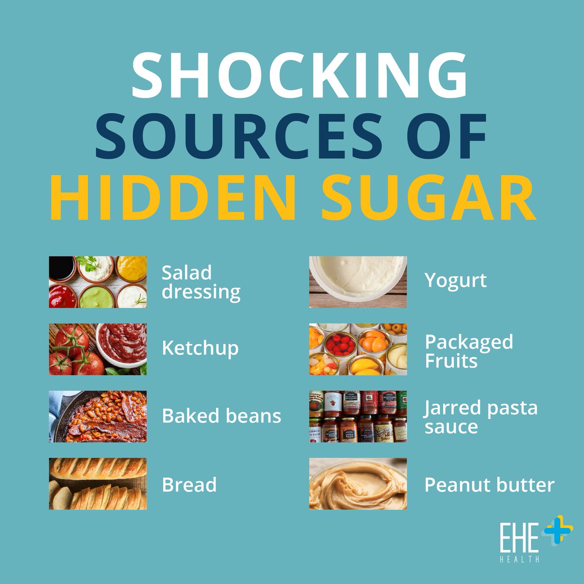 The average American consumes 22 teaspoons of added sugar per day, which can lead to diabetes, obesity, and more. Often times, we may not  realize that sugar is lurking in some of our favorite foods!  Take a look at some surprising sources of added sugar to be mindful of!